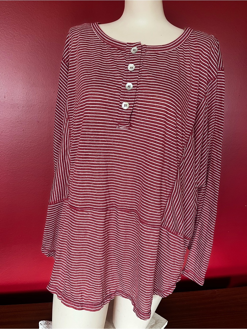 Umgee Red & White Striped Long-Sleeve Henley Top